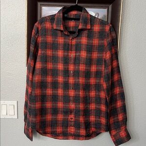 SAKS FIFTH AVENUE Modern Men's L/S Plaid Linen Button-Front Shirt Orange/Black S